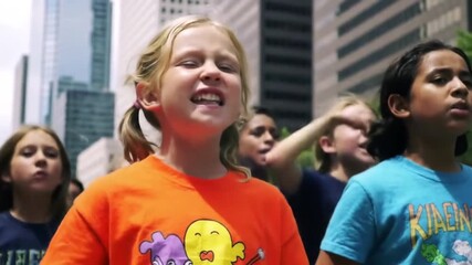 Group of Children Protesting in City Streets Wearing Colorful Clothes With Raised Fists - Powered by Adobe