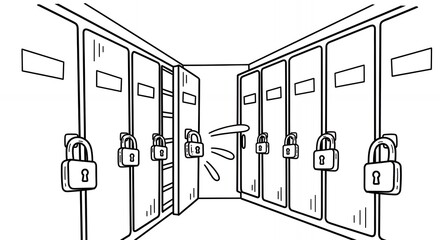 Symmetric Lockers Secured with Padlocks in Black and White Illustration Showing a Bright Corridor with Storage Units for Institutional Facility Design