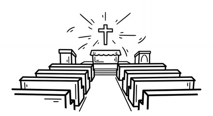 Symmetrical Black and White Illustration of a Church Interior with Rows of Pews Leading to an Altar Topped with a Cross Emanating Rays of Light in Simple Graphic Style