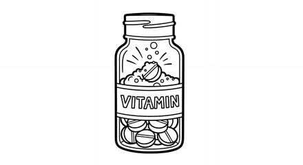 Vitamin Bottle Line Art Black and White Illustration with Pills and Bold Lettering Against a Clean White Background in Minimalist Style