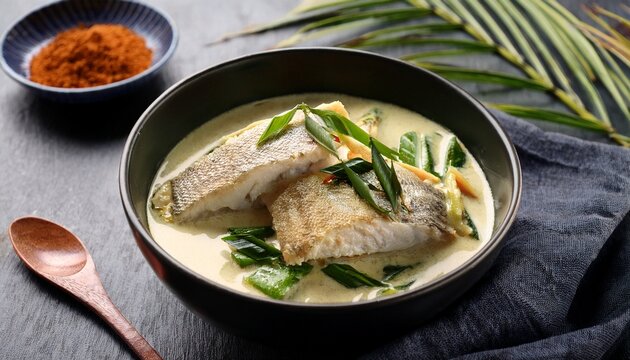 bowl of gulai tempoyak patin fish with fresh herbs and spices in a creamy coconut sauce served in a bowl