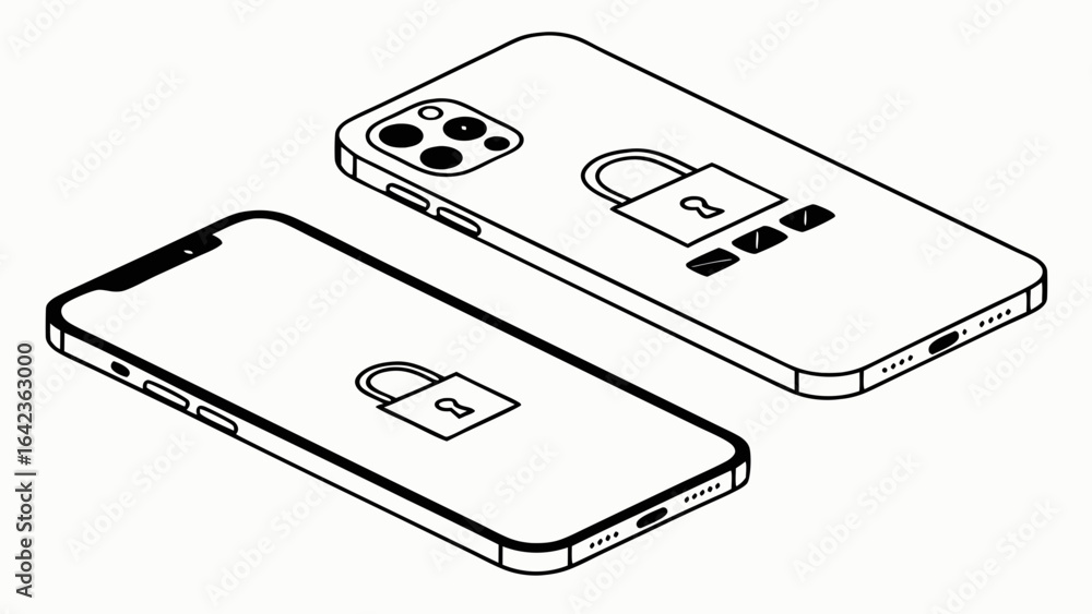 Poster two isometric smartphones with lock icons indicating security and data protection are visible create