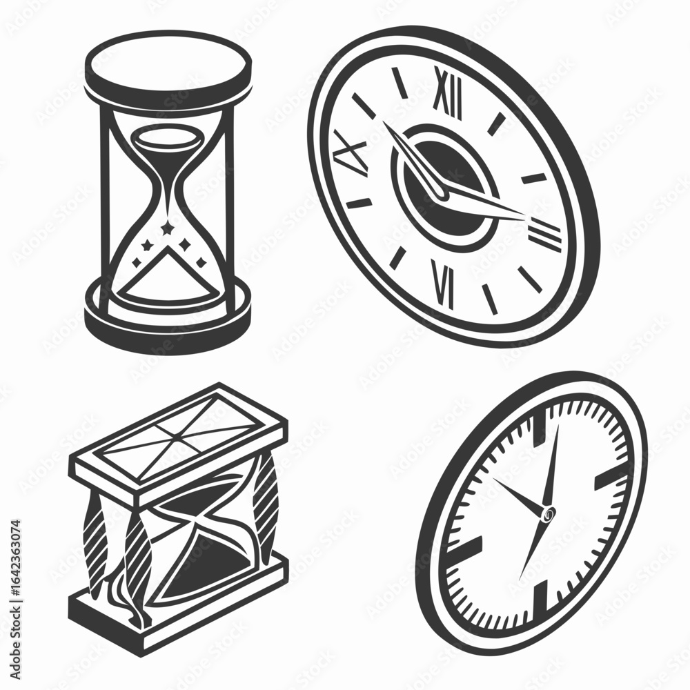 Poster isometric illustration showing two hourglasses and two clocks in a black and white design created wi
