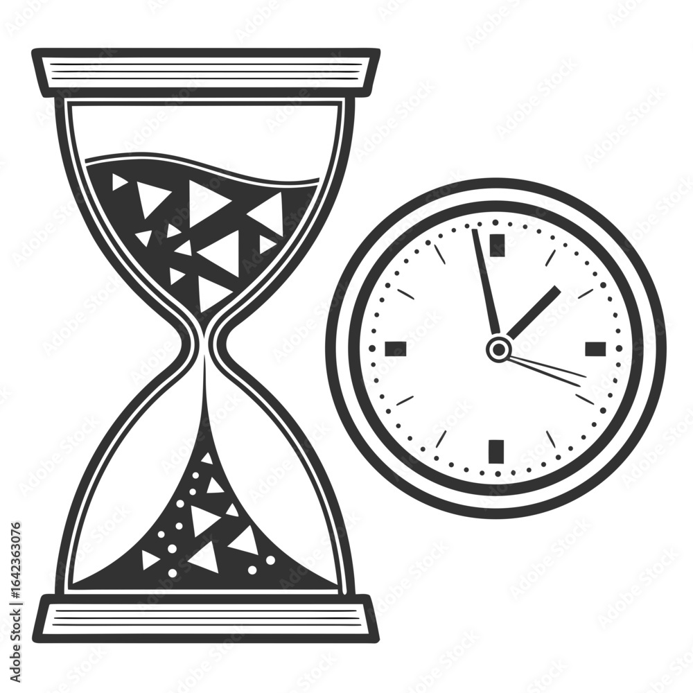Poster hourglass with geometric sand and a clock displaying the time in a black and white illustration crea