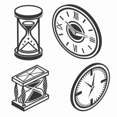 Isometric illustration showing two hourglasses and two clocks in a black and white design created with generated ai