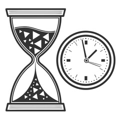 Hourglass with geometric sand and a clock displaying the time in a black and white illustration created with generated ai