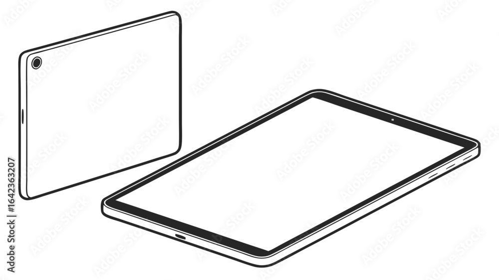 Poster illustration of two tablets one standing and one lying showing the screen and the back side view cre