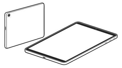 Illustration of two tablets one standing and one lying showing the screen and the back side view created with generated ai