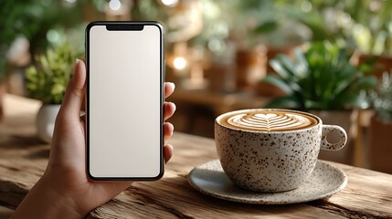 Woman's hand holds modern smartphone with blank screen next to delicious latte art coffee on rustic wooden table