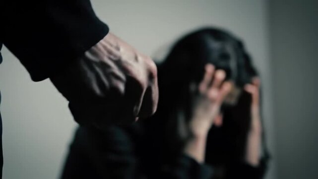 Hand Reaching Towards Distressed Woman in Dark Clothing Against Neutral Gray Background