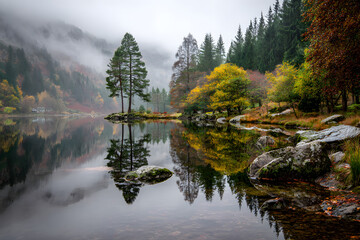 Serene mountain landscape with foggy reflections on a tranquil lake, surrounded by autumn foliage and misty weather creating a peaceful scene.