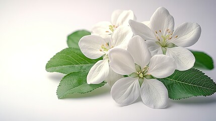 White flowers with green leaves on a bright background.