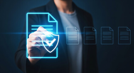 A person interacting with a digital document icon with a security shield and check mark overlaying it