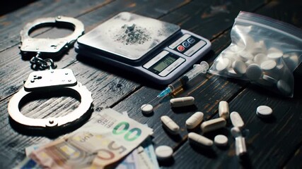 Illicit Drugs Composition with Pills Scales Syringe and Handcuffs on Wooden Surface