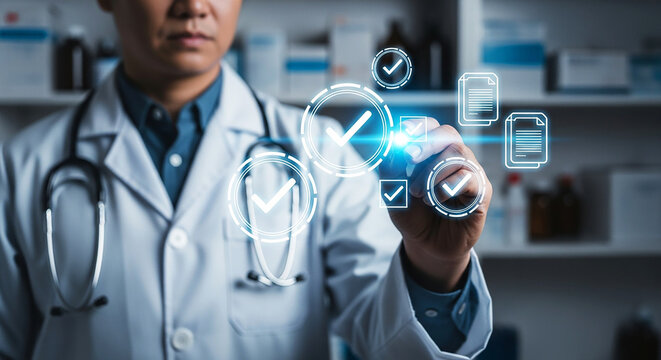A doctor interacting with digital checkmarks and document icons in a medical environment setting