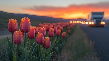 Tulips Bloom Beside Road With