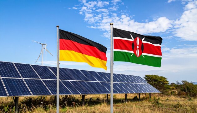 Partnership between Germany and Kenya in renewable energy, symbolized by flags waving over a solar farm and wind turbine.