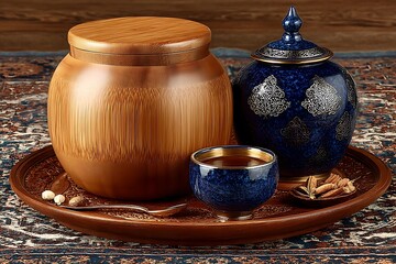 Luxurious tea set with wooden jar high resolution picture