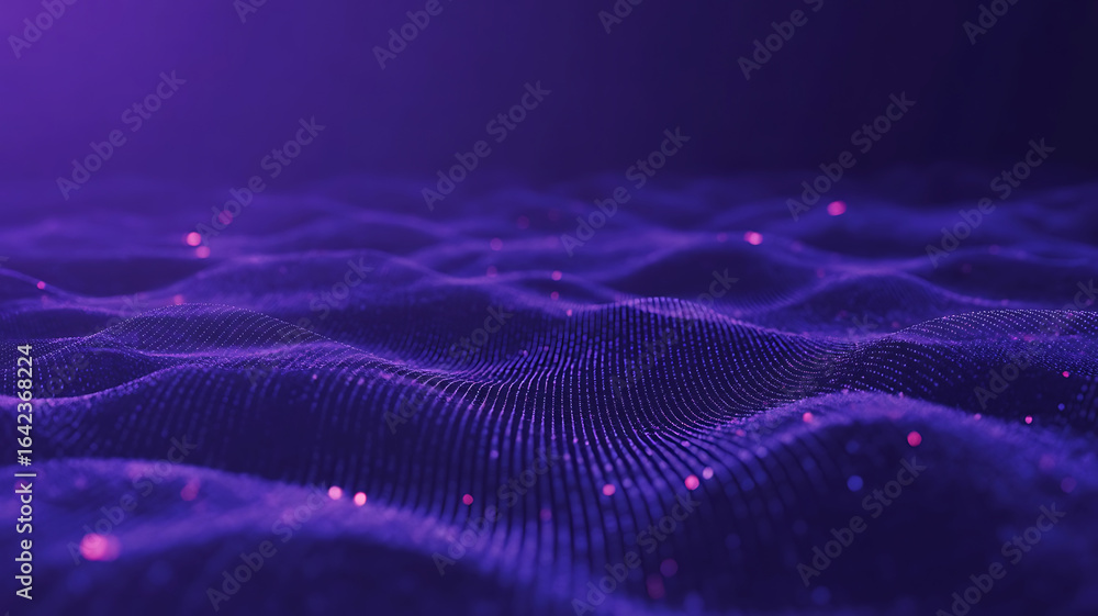 Poster abstract digital wave pattern with glowing particles in deep purple and blue hues creating a futuris
