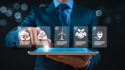 Businessman selecting renewable energy options on a futuristic digital interface displaying eco friendly icons
