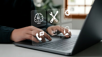 Fototapeta premium Person typing on laptop with holographic icons representing customer support and technical assistance services