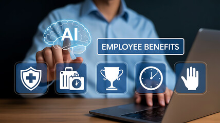 Person interacting with ai powered employee benefits icons representing health insurance and career growth