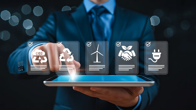 Businessman selecting renewable energy options on a futuristic digital interface displaying eco friendly icons
