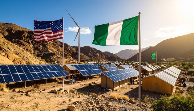 US-Nigeria collaboration on renewable energy, featuring solar panels and a wind turbine in a rural African setting. - Powered by Adobe