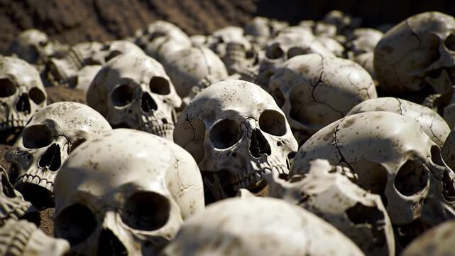 Pile of Weathered Human Skulls with Hollow Eyes on Ground in a Scene of Mortality
