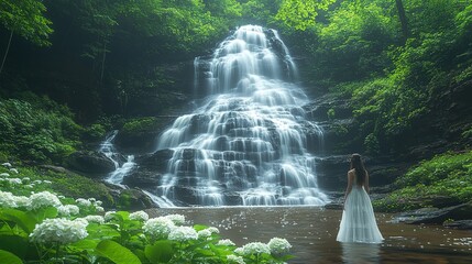 Woman in white dress stands near waterfall surrounded by green trees.