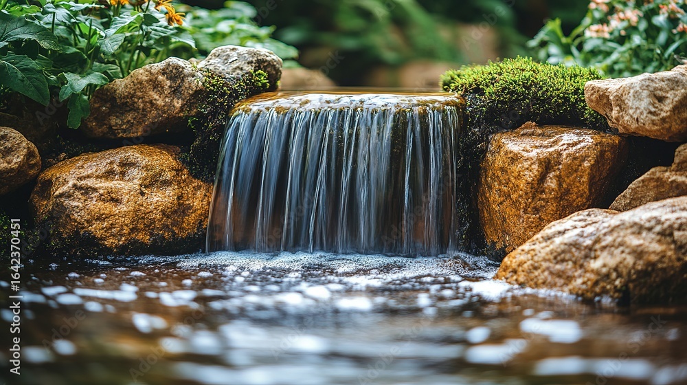 Poster small waterfall cascading over rocks into a pool surrounded by greenery.