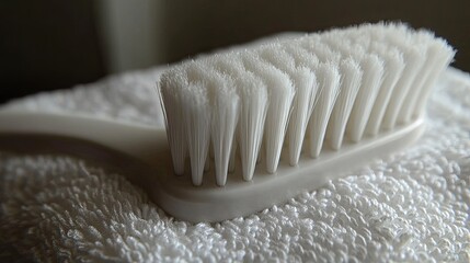 Close-up shot of a white brush resting on a soft white towel providing a clean and simple aesthetic