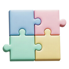 Obraz premium 3d icon of four pastel colored jigsaw puzzle pieces connected isolated on transparent background