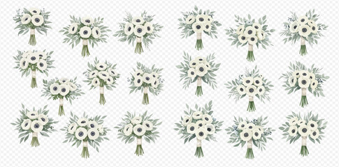 A beautiful collection of isolated wedding bouquets with white anemone flowers and green foliage.