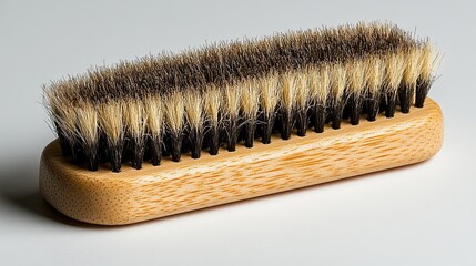 Close-up studio shot of a shoe polishing brush featuring wooden handle and bristle detail on white