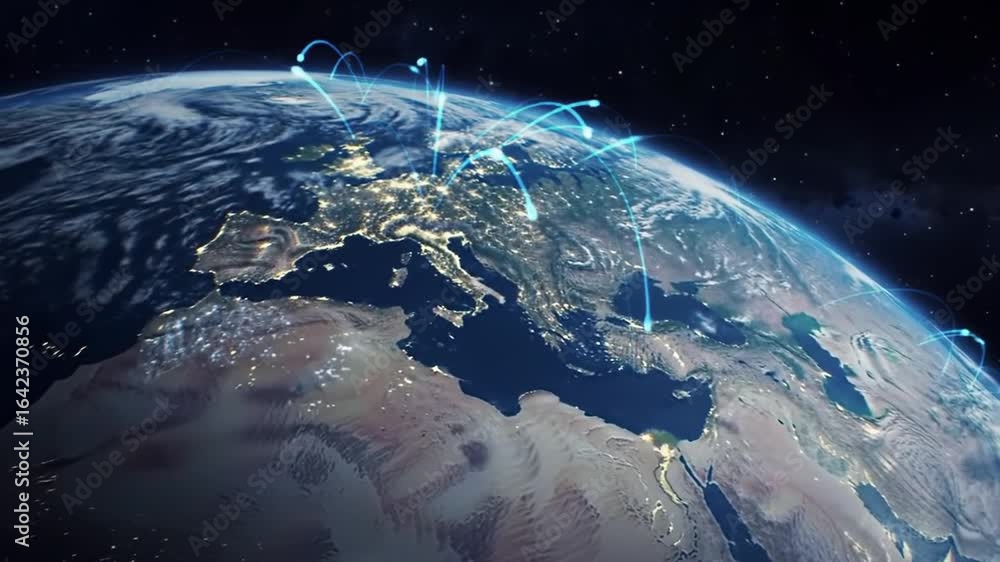 Poster rotating earth orbiting with global network connections in outer space