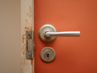 Partially open beige interior door with a stainless steel handle and visible rust on the door frame lock area against a red wall background