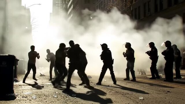 Silhouette of a Crowd Protesting Against Riot Police Amidst White Smoke on City Street