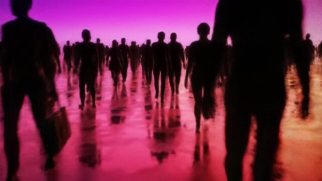 Silhouettes of People Walking in a Dense Crowd Against a Pink and Purple Gradient