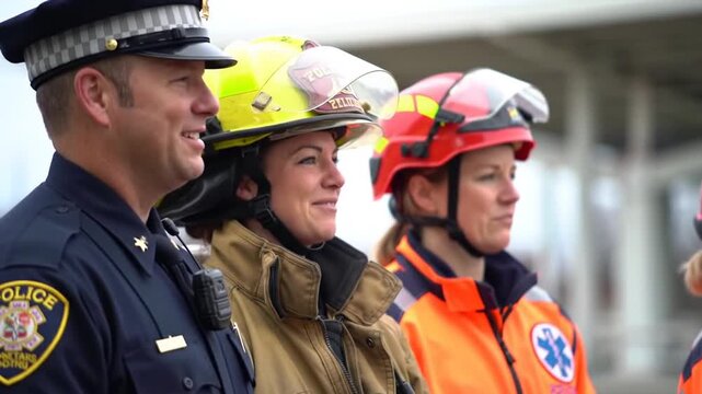Smiling Emergency Service Team in Uniform Firefighter Paramedic Police Officer