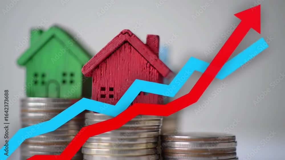Poster stack of coins with red and green house models on gray background