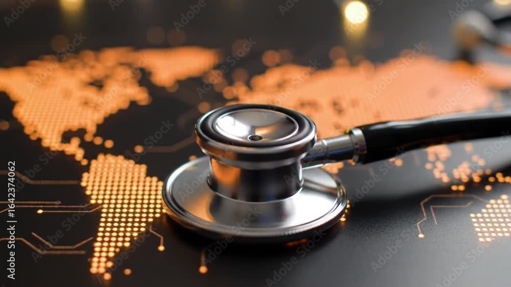 Poster stethoscope on world map showing global health network in dark background