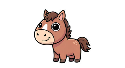 Naklejka premium An adorable cartoon illustration of a small brown horse smiling with big friendly eyes.