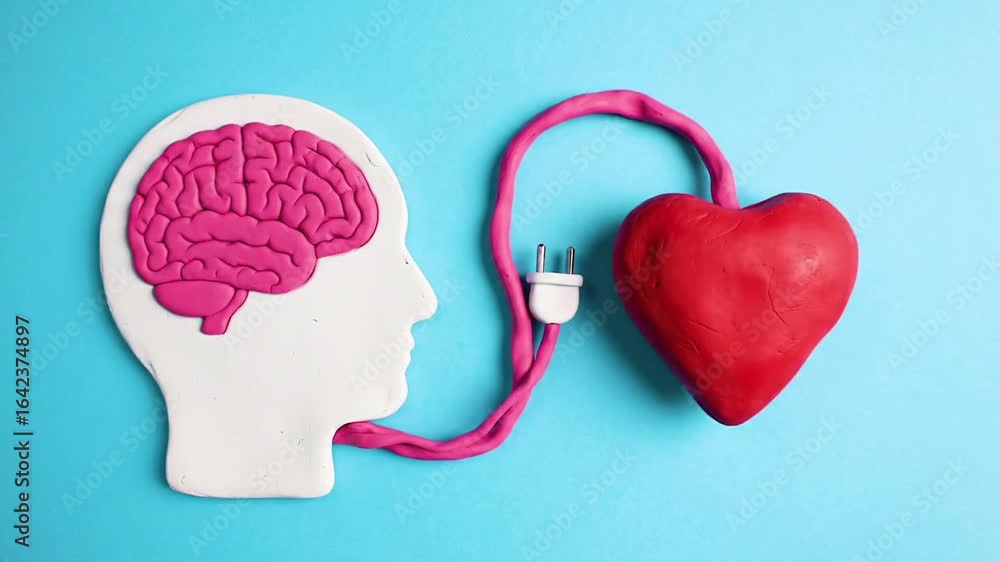 Poster stylized brain and heart connected by a cord on blue background conceptual image