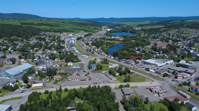 Aerial view of the small town of Amqui, Matap&eacute;dia Valley, Quebec, Canada, 2025.