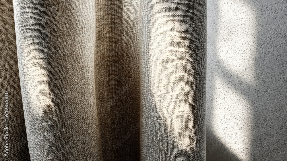 Poster elegant linen curtain in soft neutral tones with sunlight shining through adding texture and depth