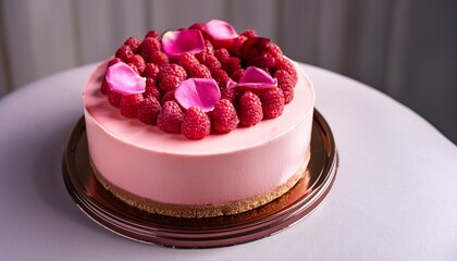 beautifully decorated pink raspberry cheesecake with shiny raspberry icing fresh raspberries and edible rose petals artfully stacked on top