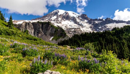 Mountain meadow and snow capped peak