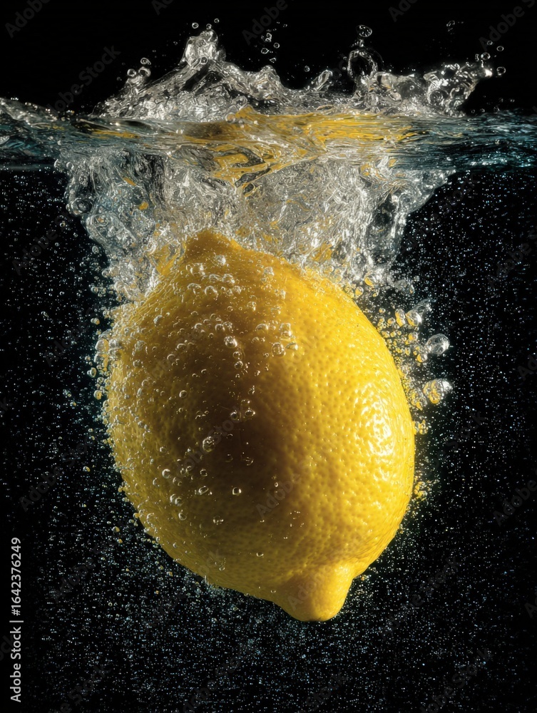 Poster fresh lemon splashing into water with bubbles, creating a refreshing and vibrant visual effect on bl