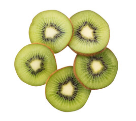 flat lay of sliced green kiwi fruits isolated on white background